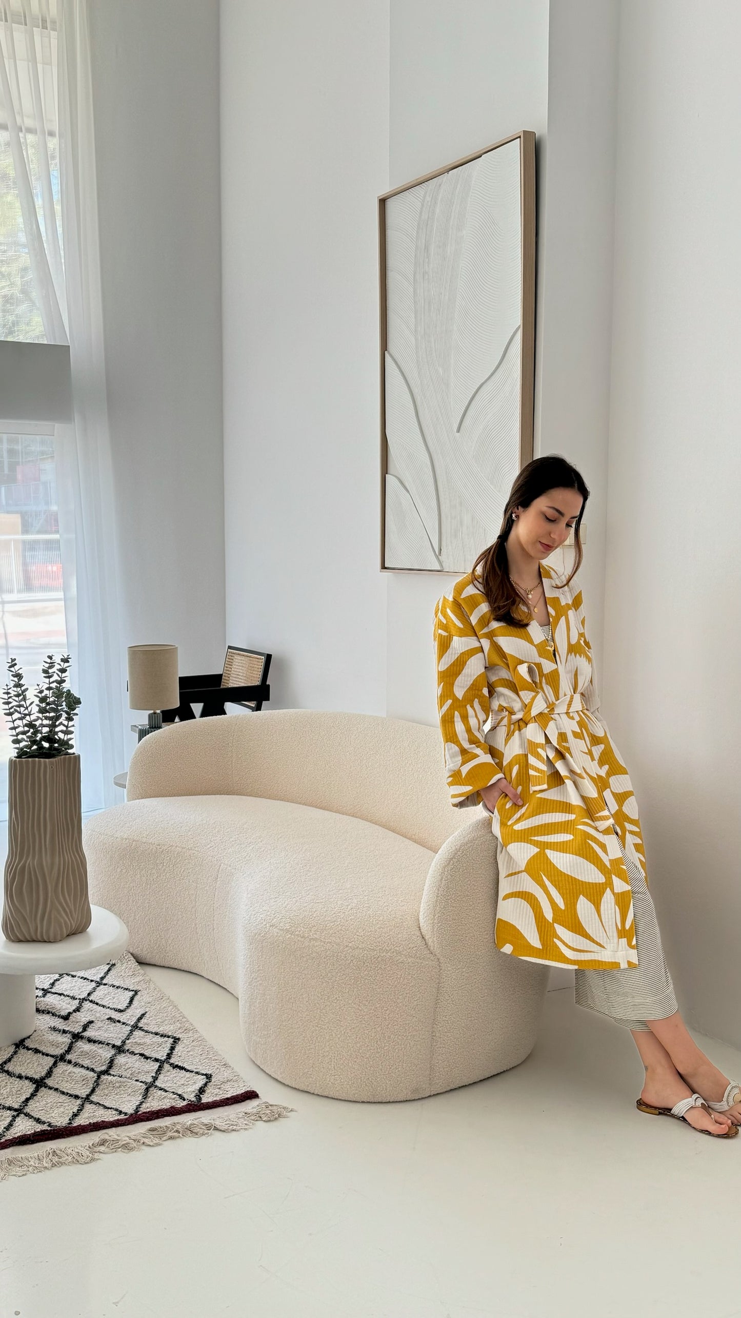 Yellow and white kimono - 100% cotton with contemporary pattern in warm yellow and off white, can be used as a bathrobe, homerobe or jacket