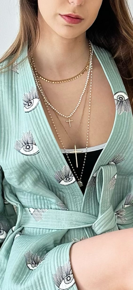 Evil Eye Kimono - Evil Eye Kimono - 100% cotton with evil eye pattern, can be used as a bath or home robe but also as a jacket to wear outside