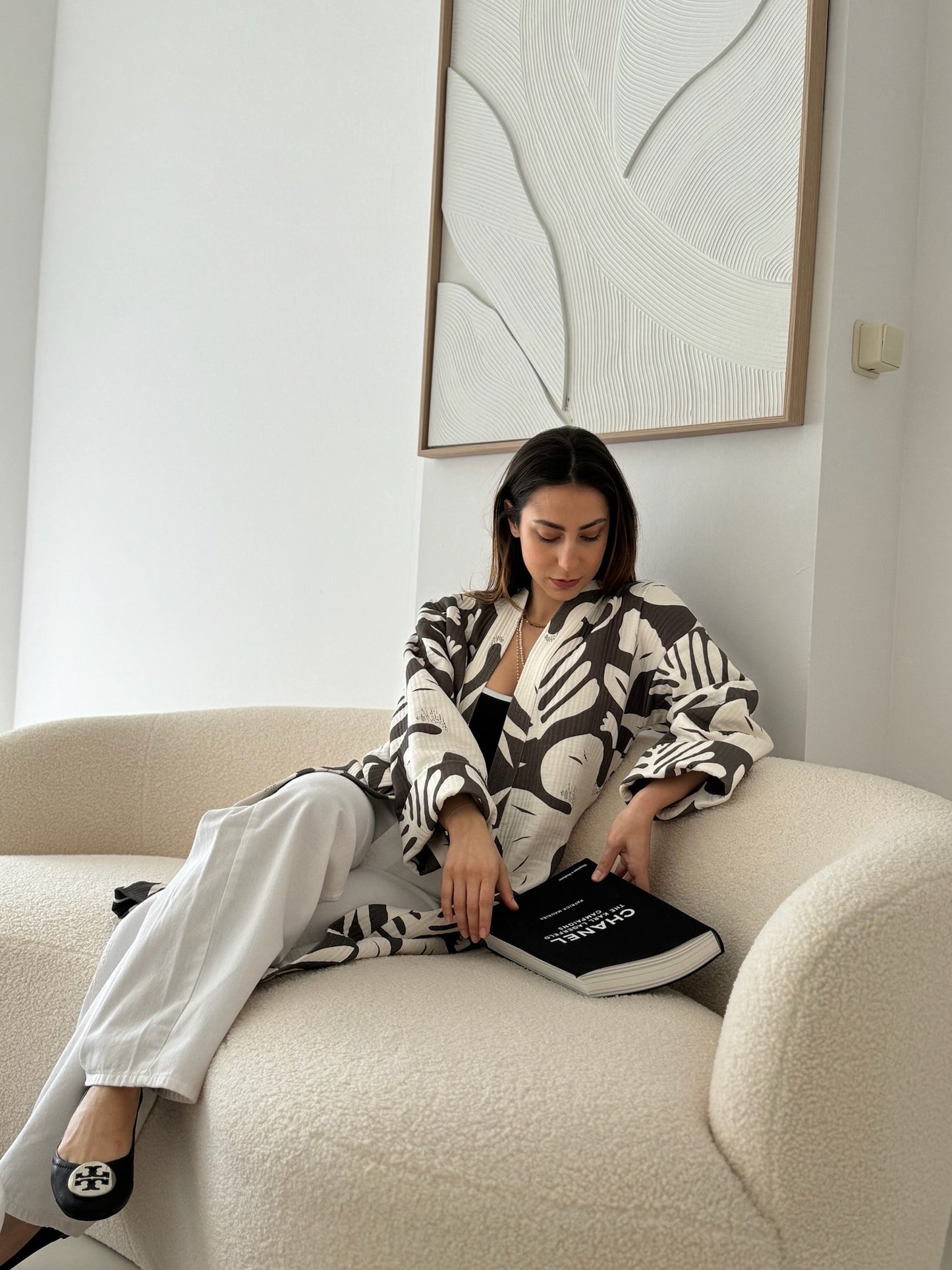Black and white kimono - 100% cotton with contemporary pattern in faded black and offwhite tones, can be used as a bath or home robe or as a jacket