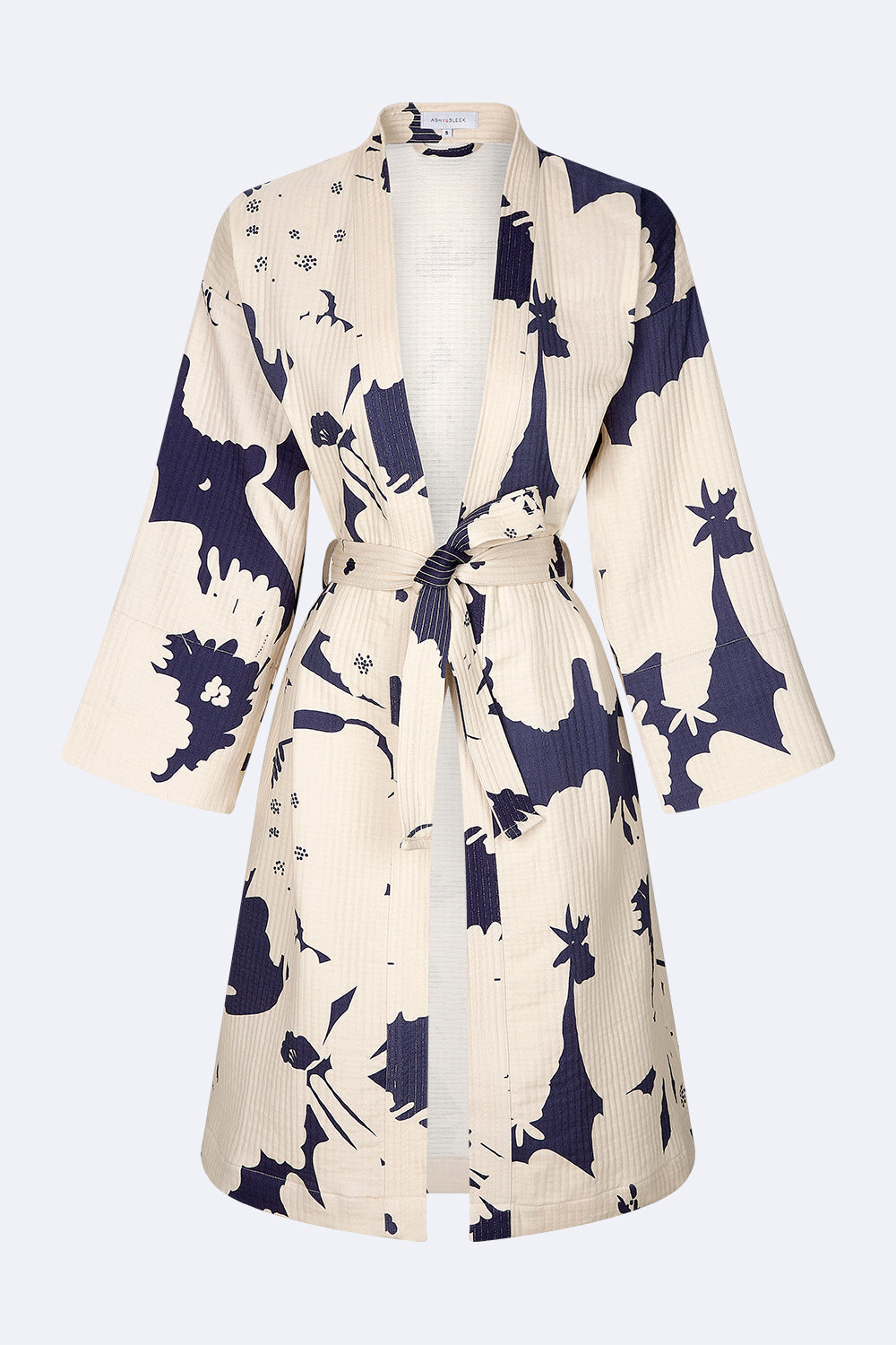 Denim and off white kimono - 100% cotton with contemporary pattern in denim and off white tones, as a bathrobe, home robe or jacket