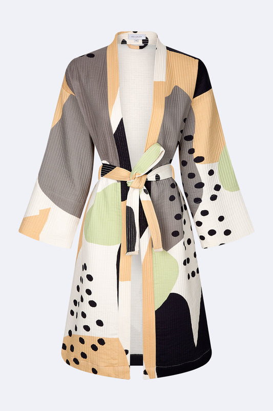 Contemporary Kimono - 100% cotton with contemporary pattern in earthy tones, can be used as a bath or home robe but also as a jacket to wear outside