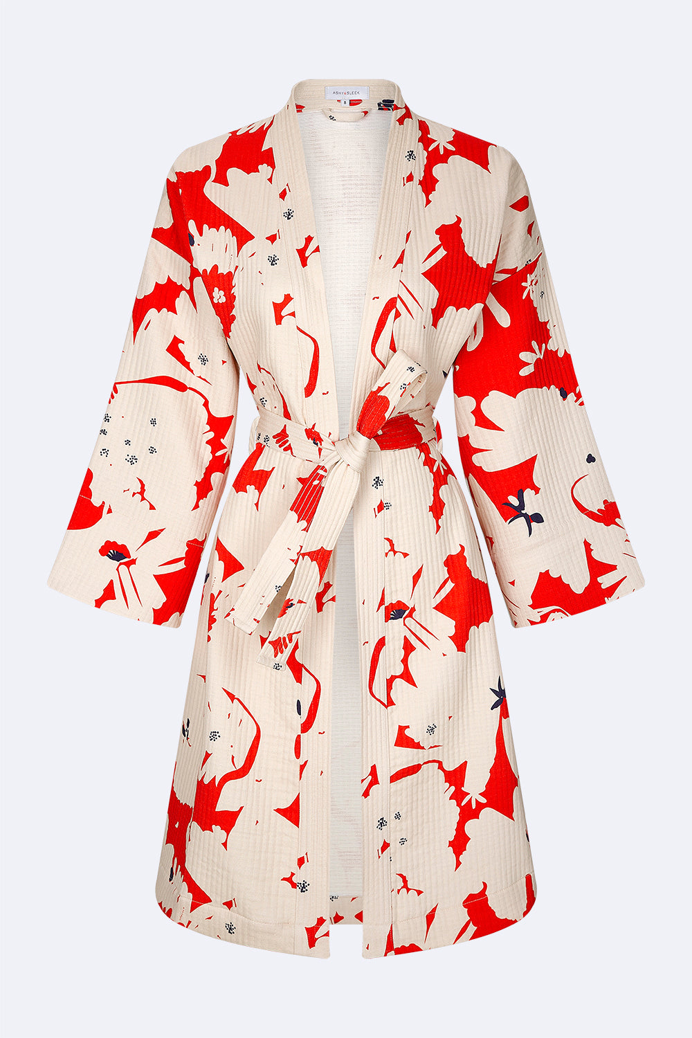Sakura Kimono - 100% cotton with contemporary pattern in sakura red and off white, can be used as a bath or home robe but also as a jacket