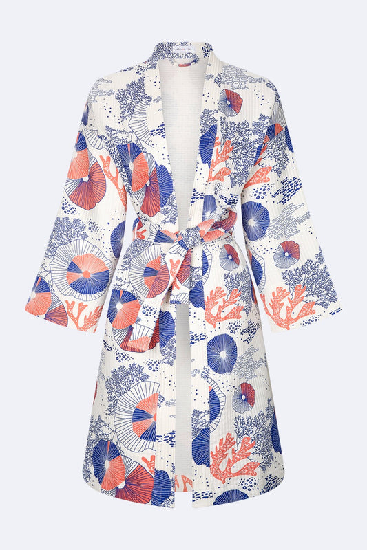 Coral Kimono - 100% cotton with coral pattern in pink and blue, can be used as a bath or home robe but also as a jacket to wear outside