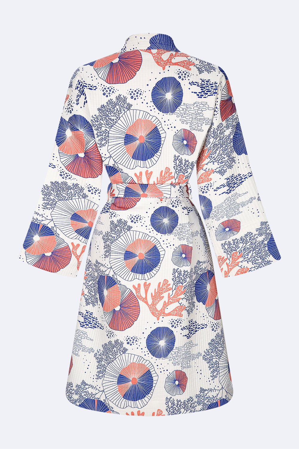 Coral Kimono - 100% cotton with coral pattern in pink and blue, can be used as a bath or home robe but also as a jacket to wear outside