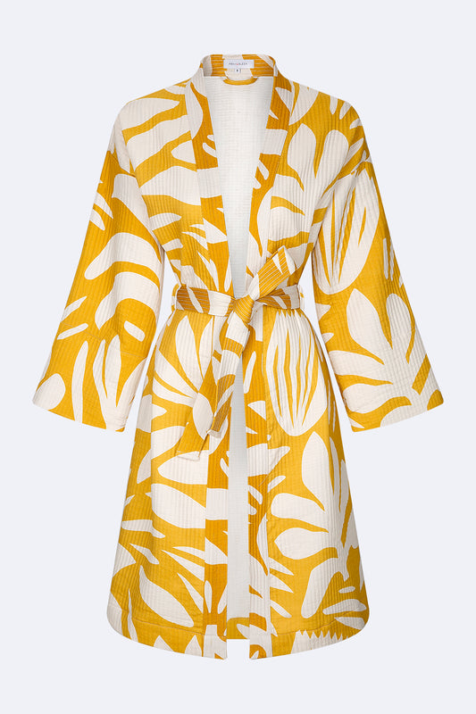 Fuji Kimono - 100% cotton with contemporary pattern in warm yellow and off white, can be used as a bath or home robe but also as a jacket