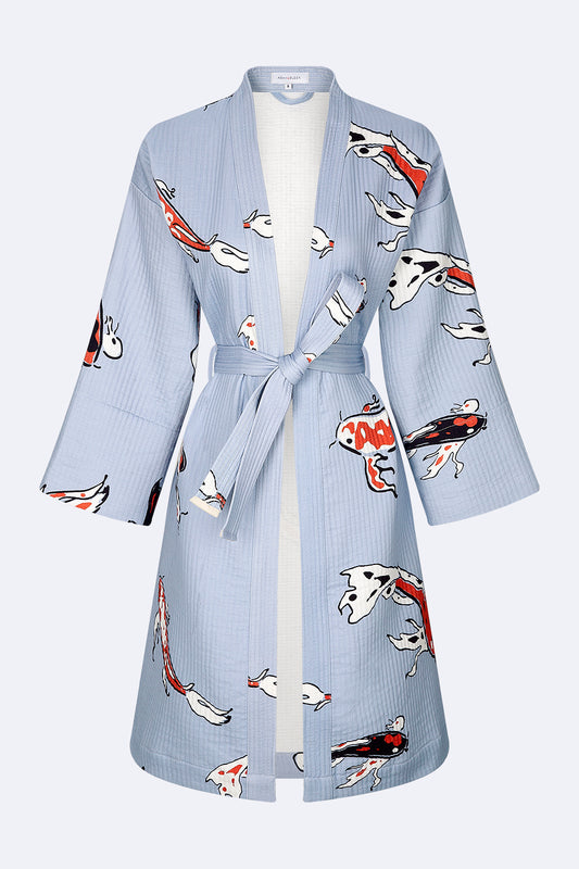 Koi Fish Kimono - 100% cotton with koi fish pattern in blue and red tones, can be used as a bath or home robe but also as a jacket