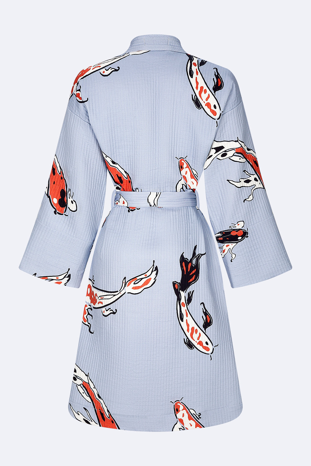 Koi Fish Kimono - 100% cotton with koi fish pattern in blue and red tones, can be used as a bath or home robe but also as a jacket