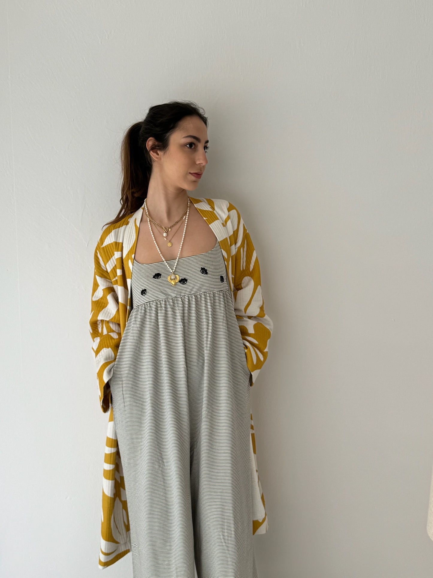 Yellow and white kimono - 100% cotton with contemporary pattern in warm yellow and off white, can be used as a bathrobe, homerobe or jacket