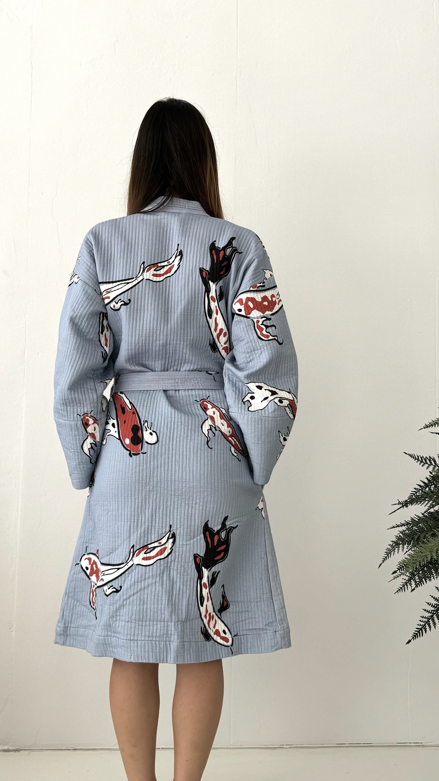 Koi Fish Kimono - 100% cotton with koi fish pattern in blue and red tones, can be used as a bath or home robe but also as a jacket