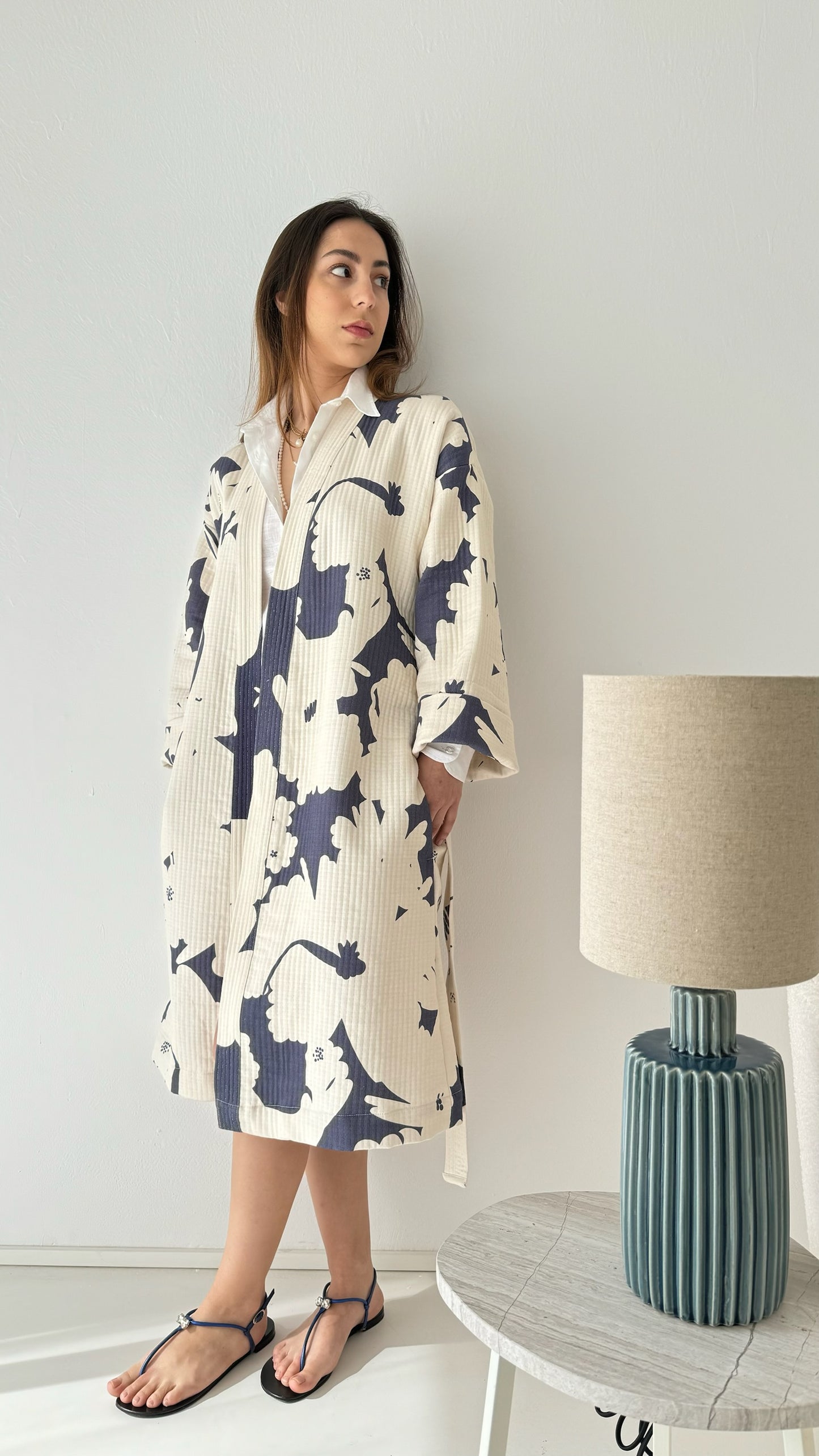 Denim and off white kimono - 100% cotton with contemporary pattern in denim and off white tones, as a bathrobe, home robe or jacket