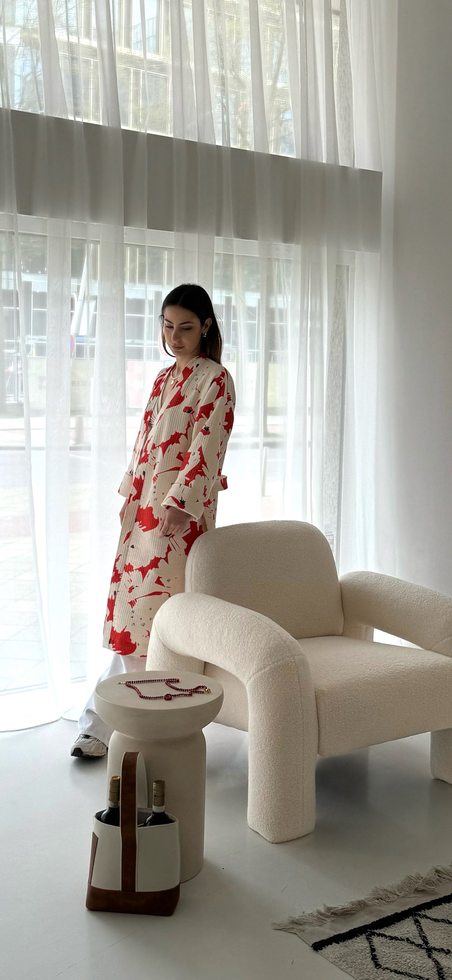 Sakura Kimono - 100% cotton with contemporary pattern in sakura red and off white, can be used as a bath or home robe but also as a jacket