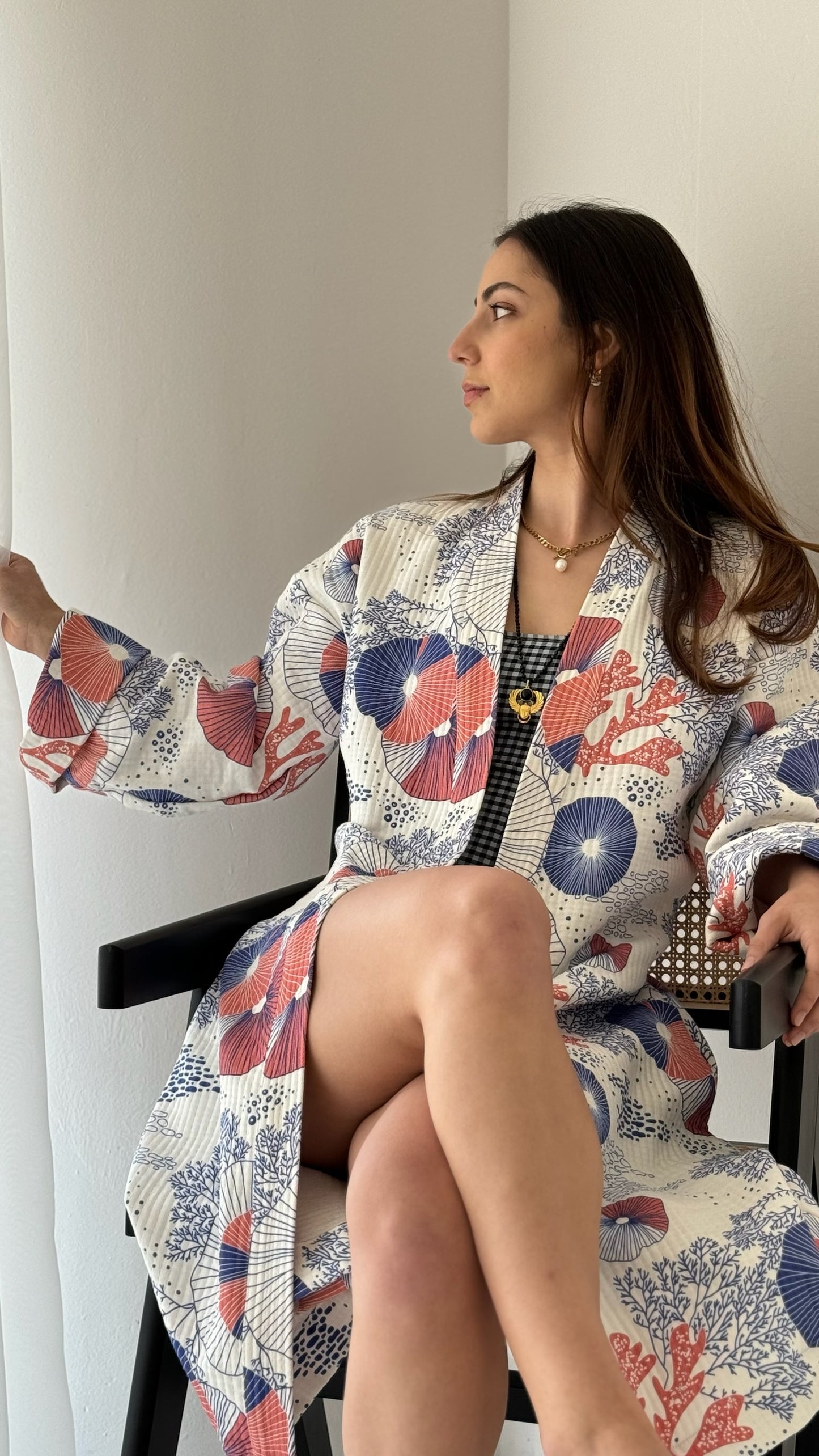 Coral Kimono - 100% cotton with coral pattern in pink and blue, can be used as a bath or home robe but also as a jacket to wear outside
