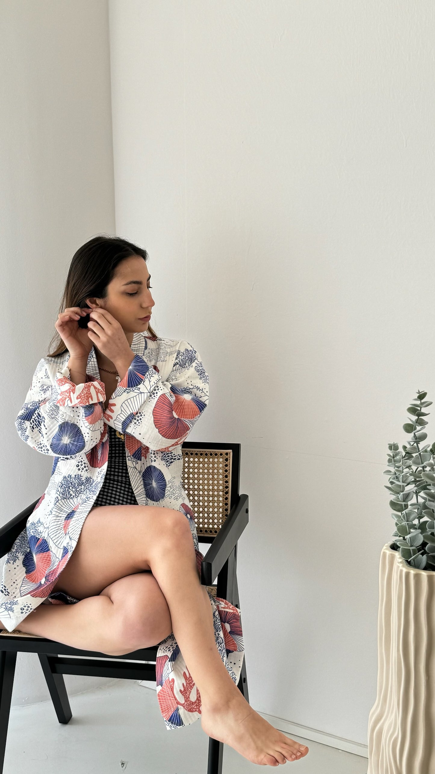 Coral Kimono - 100% cotton with coral pattern in pink and blue, can be used as a bath or home robe but also as a jacket to wear outside