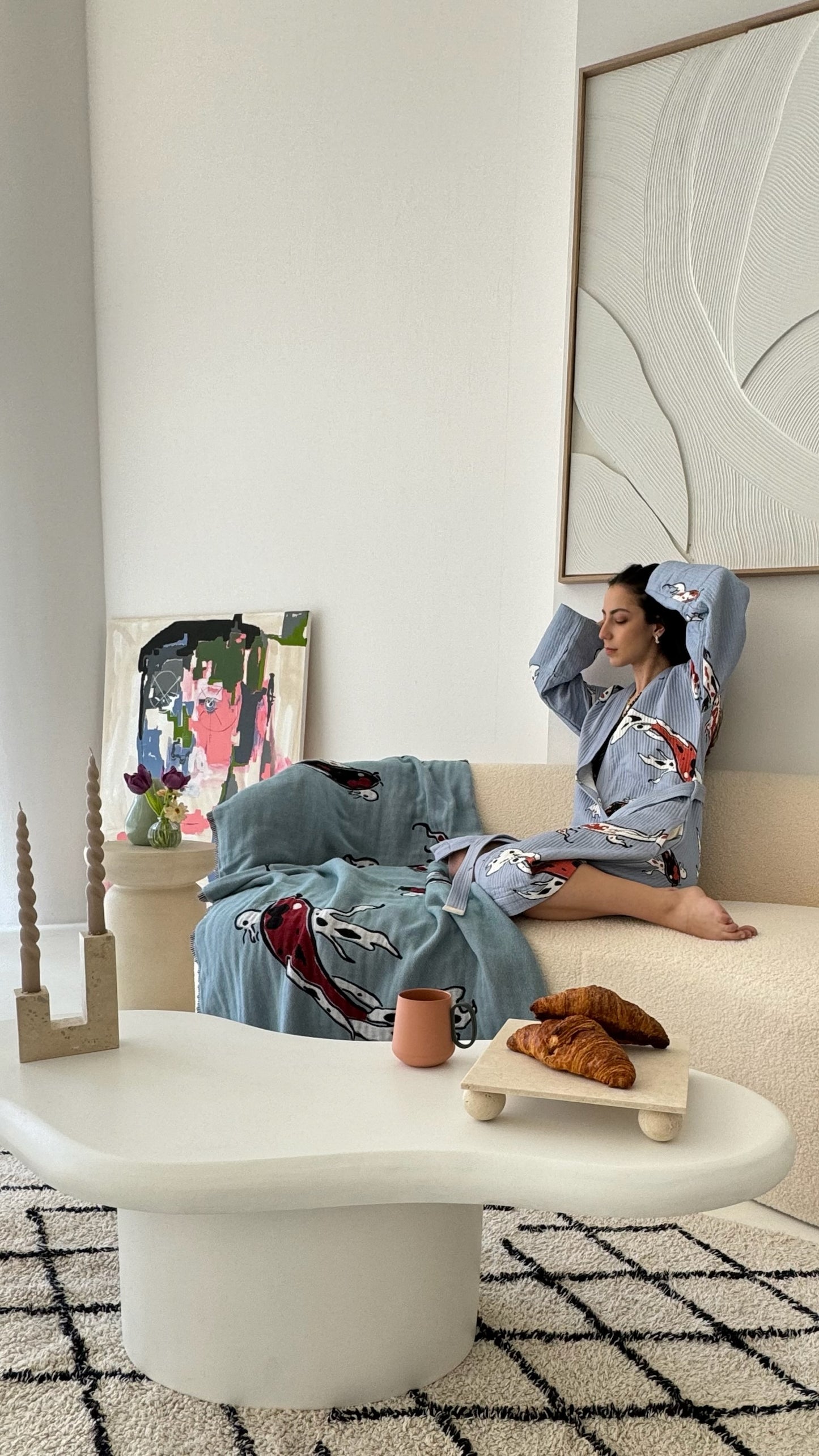 Koi Fish Kimono - 100% cotton with koi fish pattern in blue and red tones, can be used as a bath or home robe but also as a jacket