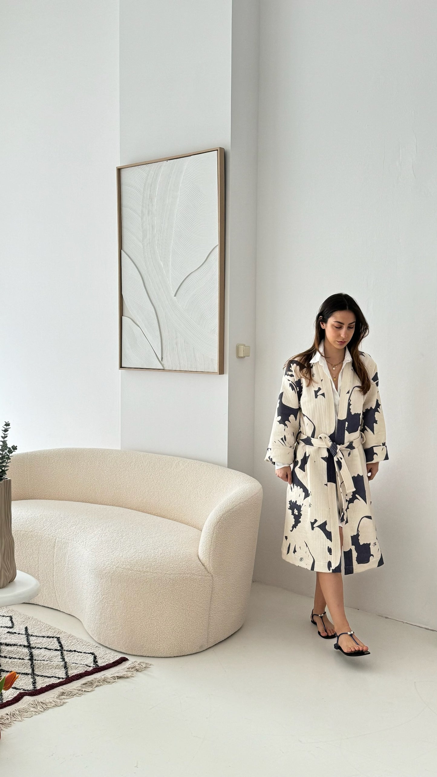 Denim and off white kimono - 100% cotton with contemporary pattern in denim and off white tones, as a bathrobe, home robe or jacket