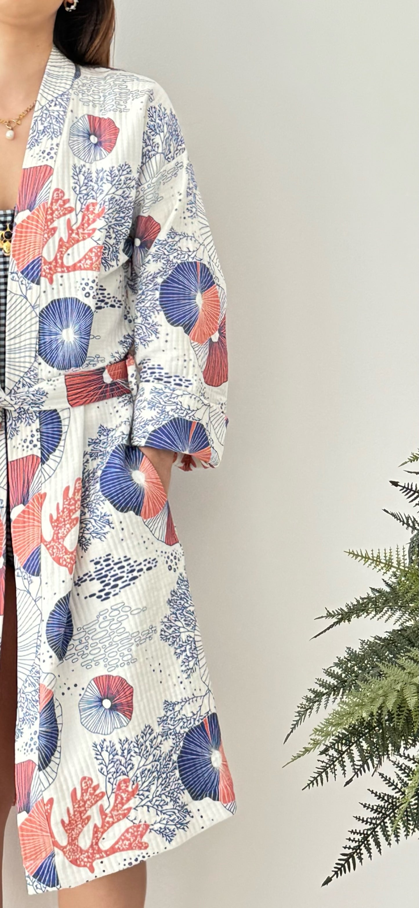 Coral Kimono - 100% cotton with coral pattern in pink and blue, can be used as a bath or home robe but also as a jacket to wear outside