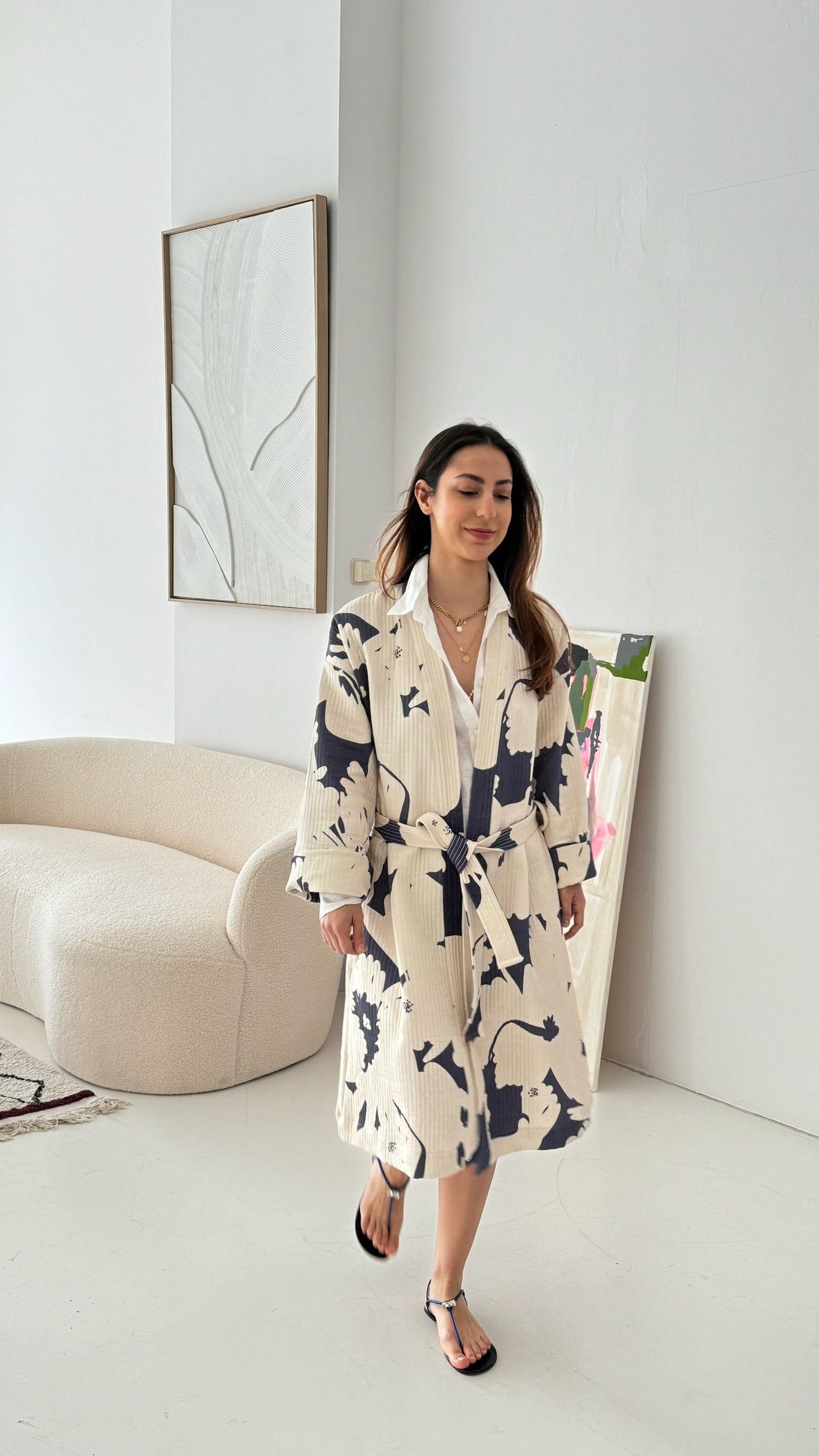 Denim and off white kimono - 100% cotton with contemporary pattern in denim and off white tones, as a bathrobe, home robe or jacket