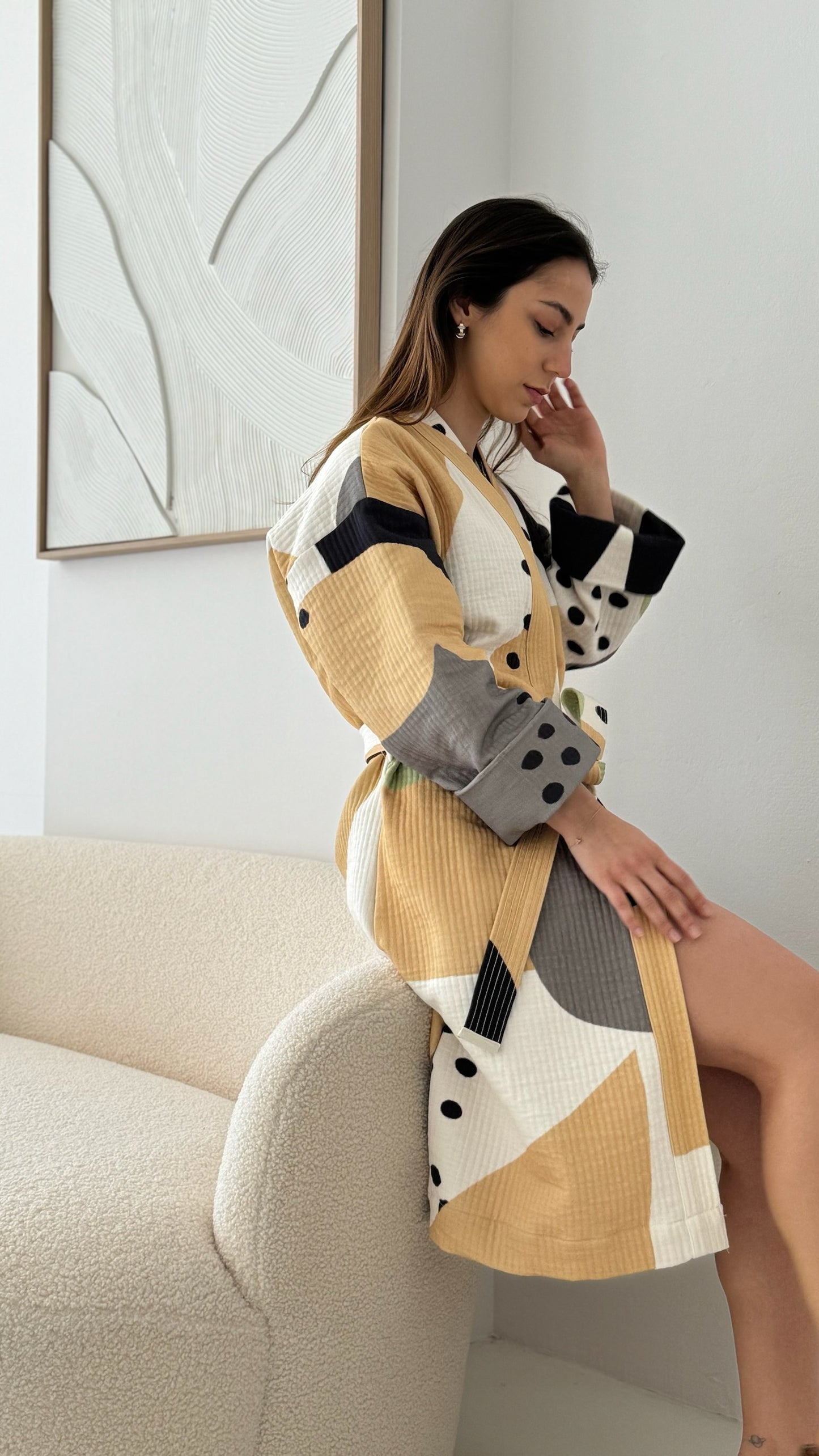 Contemporary Kimono - 100% cotton with contemporary pattern in earthy tones, can be used as a bath or home robe but also as a jacket to wear outside