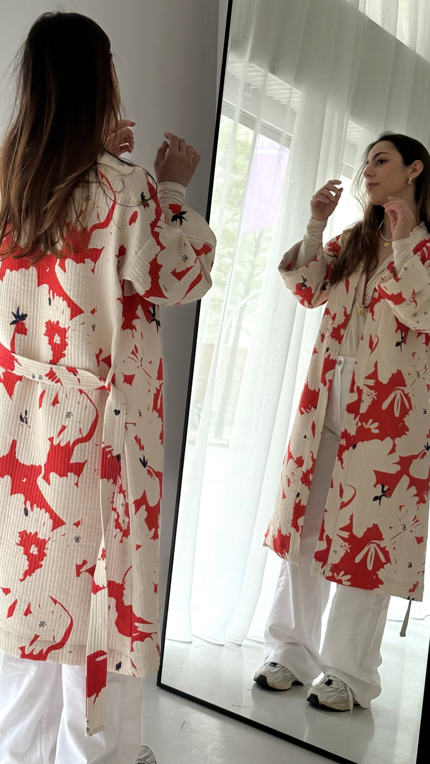 Sakura Kimono - 100% cotton with contemporary pattern in sakura red and off white, can be used as a bath or home robe but also as a jacket