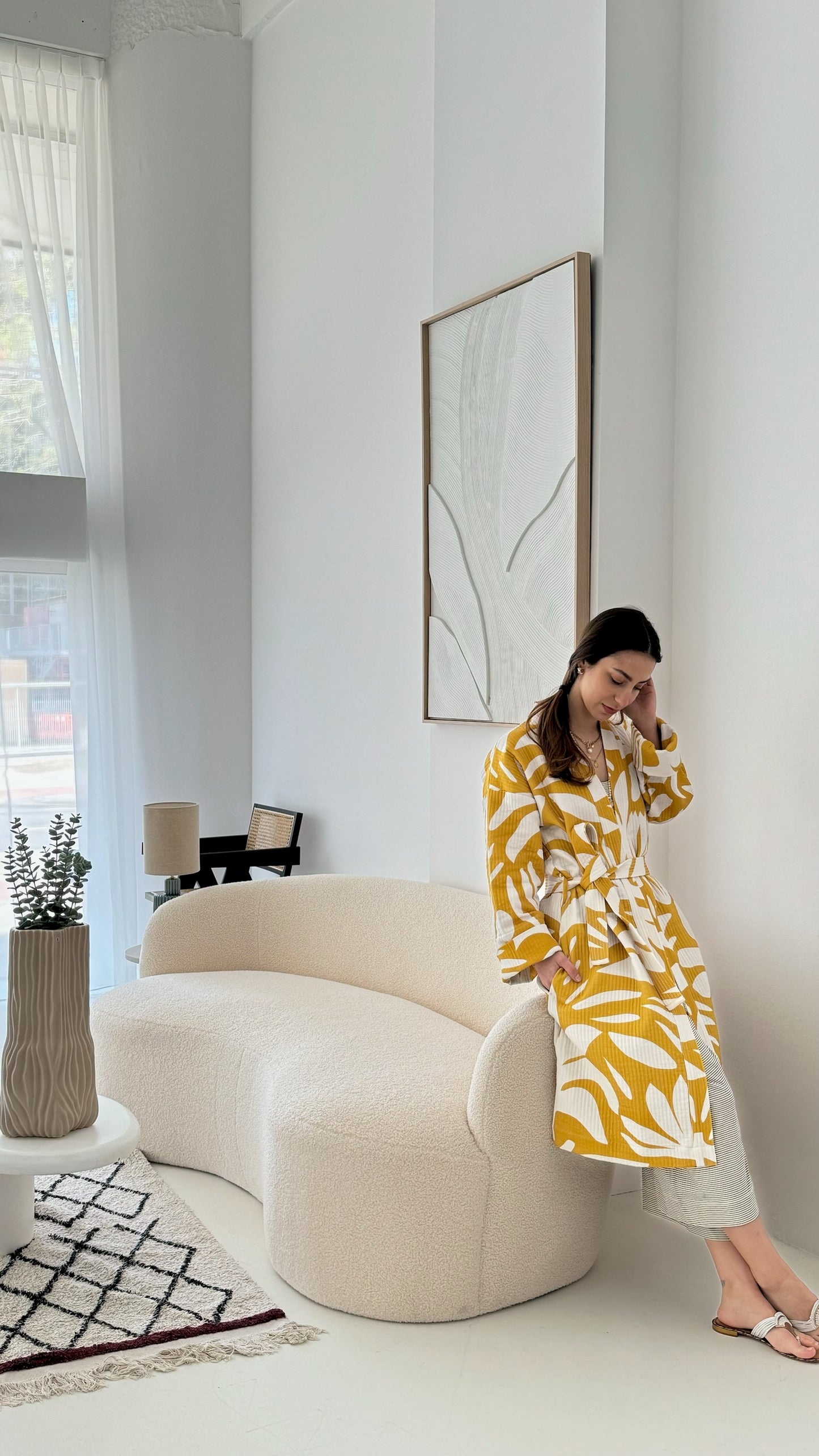 Yellow and white kimono - 100% cotton with contemporary pattern in warm yellow and off white, can be used as a bathrobe, homerobe or jacket