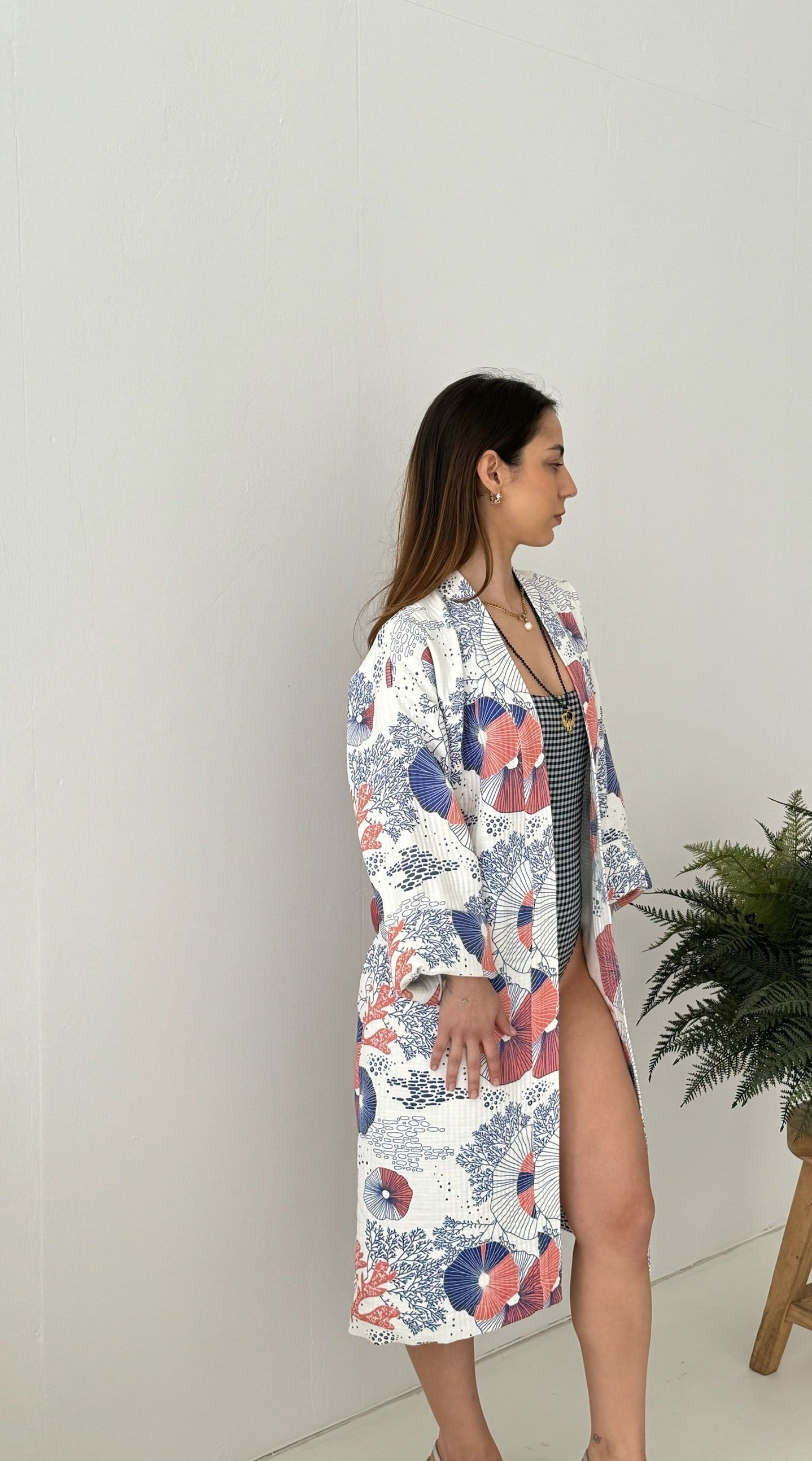 Coral Kimono - 100% cotton with coral pattern in pink and blue, can be used as a bath or home robe but also as a jacket to wear outside