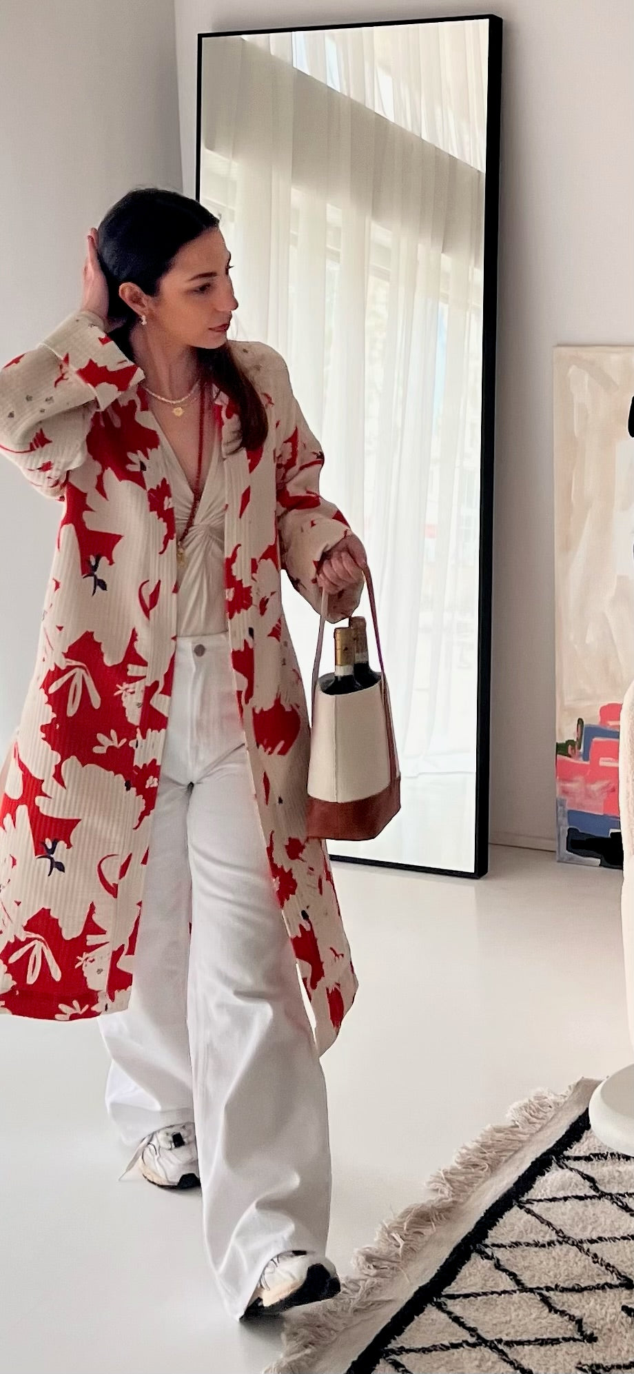 Sakura Kimono - 100% cotton with contemporary pattern in sakura red and off white, can be used as a bath or home robe but also as a jacket