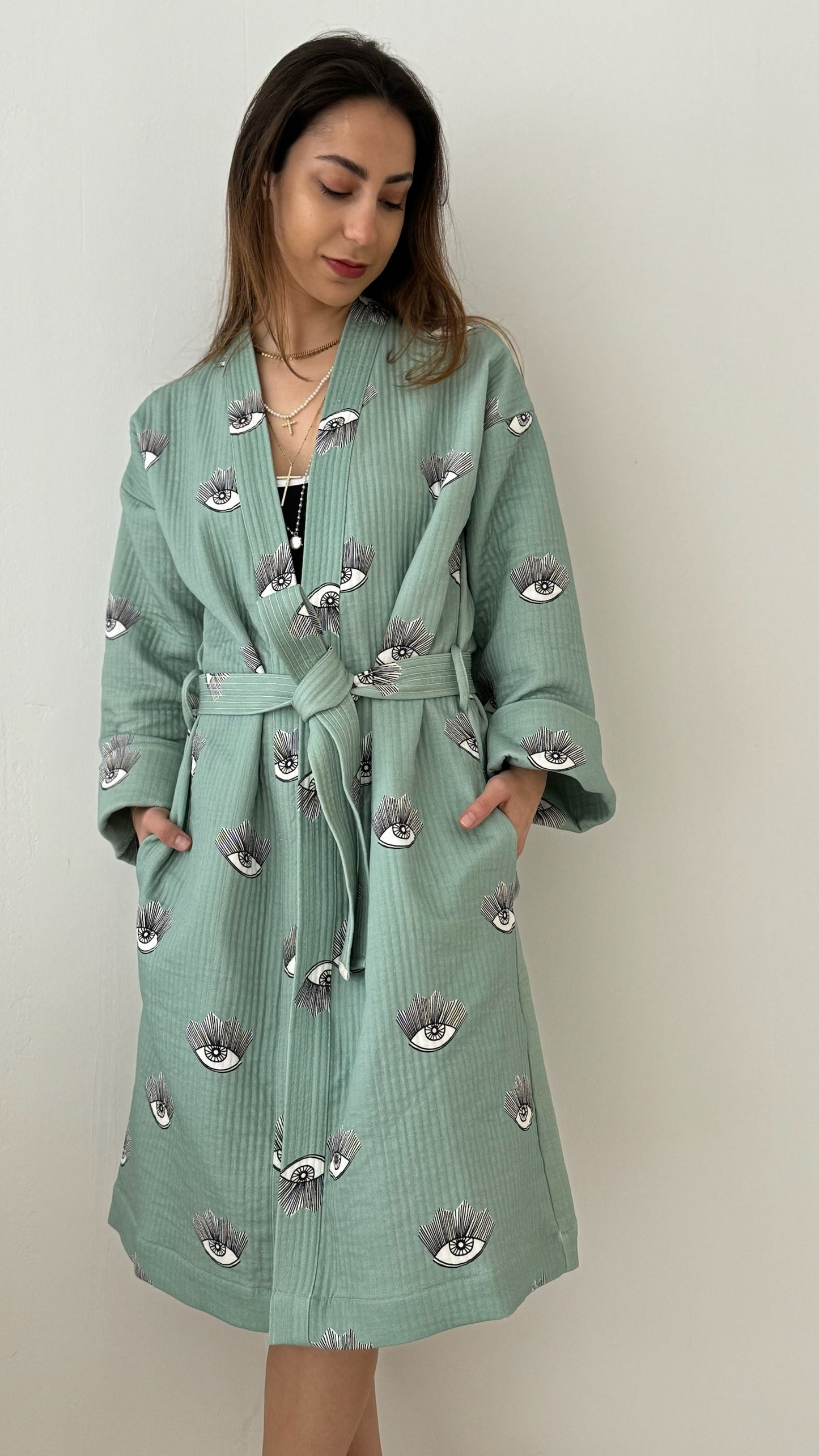 Evil Eye Kimono - Evil Eye Kimono - 100% cotton with evil eye pattern, can be used as a bath or home robe but also as a jacket to wear outside