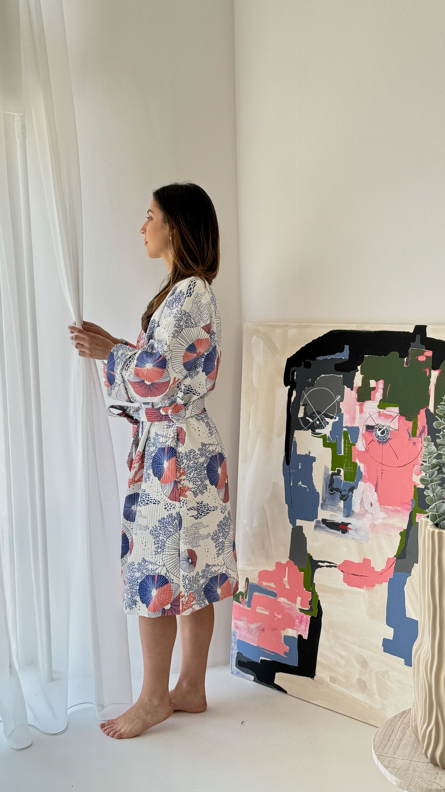 Coral Kimono - 100% cotton with coral pattern in pink and blue, can be used as a bath or home robe but also as a jacket to wear outside
