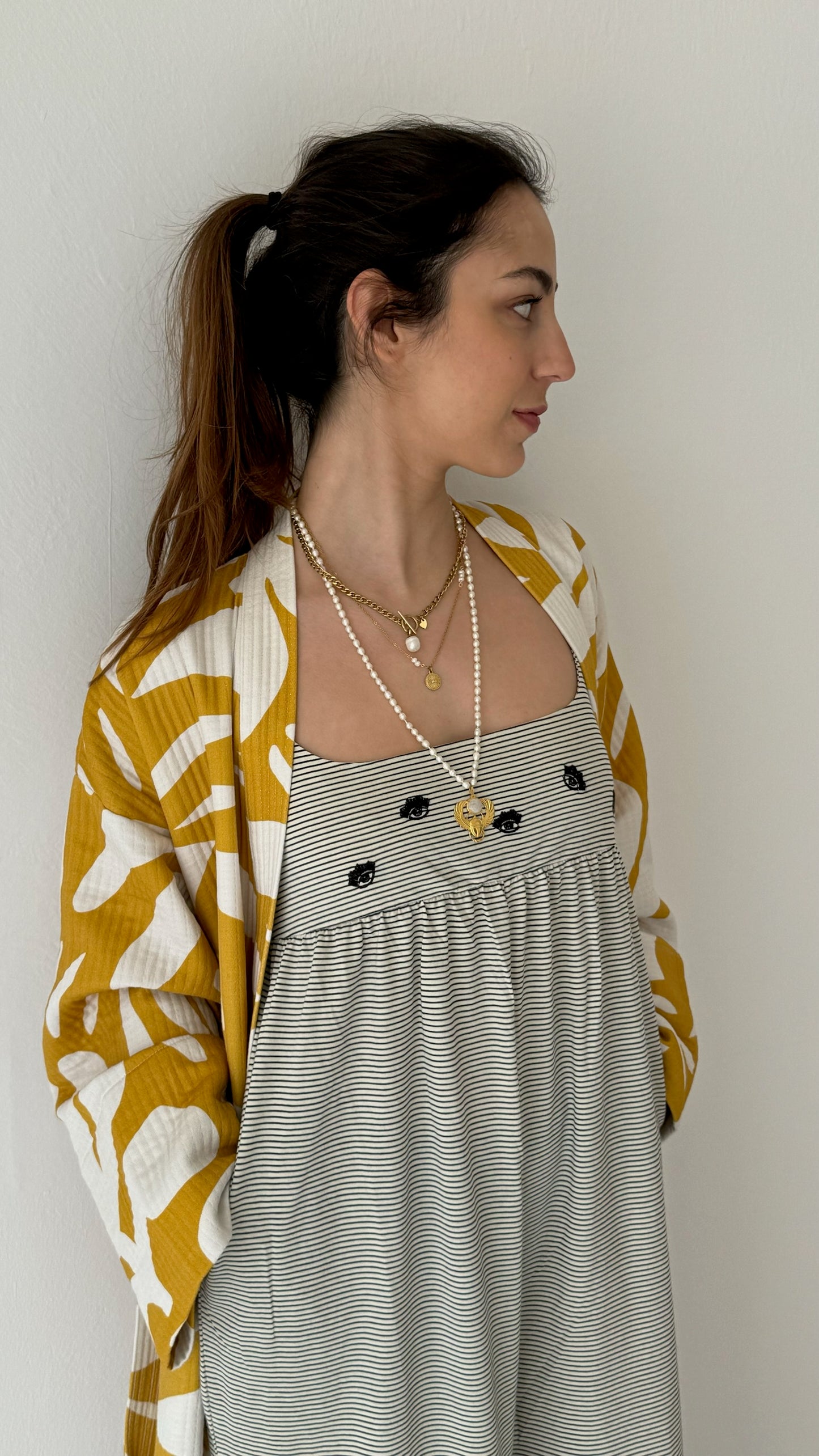 Yellow and white kimono - 100% cotton with contemporary pattern in warm yellow and off white, can be used as a bathrobe, homerobe or jacket