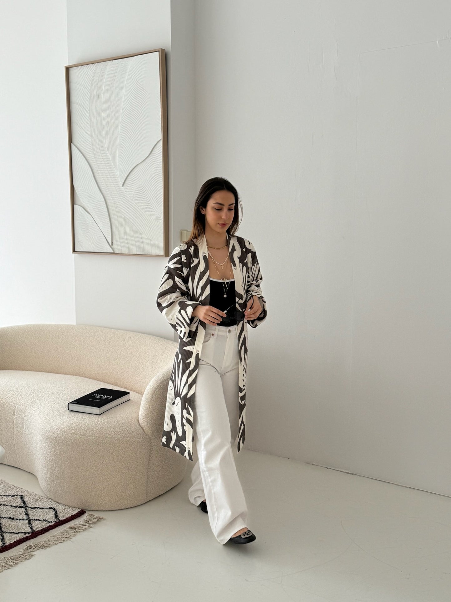 Black and white kimono - 100% cotton with contemporary pattern in faded black and offwhite tones, can be used as a bath or home robe or as a jacket