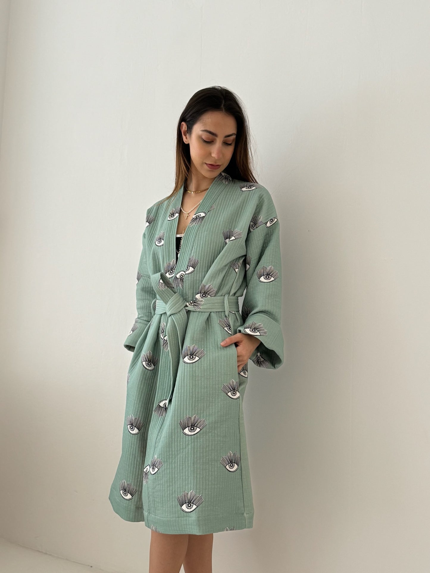 Evil Eye Kimono - Evil Eye Kimono - 100% cotton with evil eye pattern, can be used as a bath or home robe but also as a jacket to wear outside