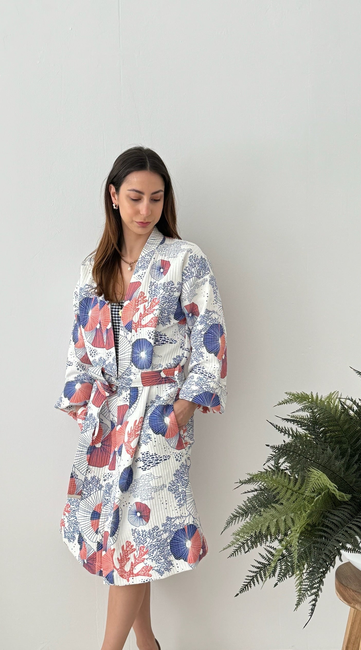 Coral Kimono - 100% cotton with coral pattern in pink and blue, can be used as a bath or home robe but also as a jacket to wear outside