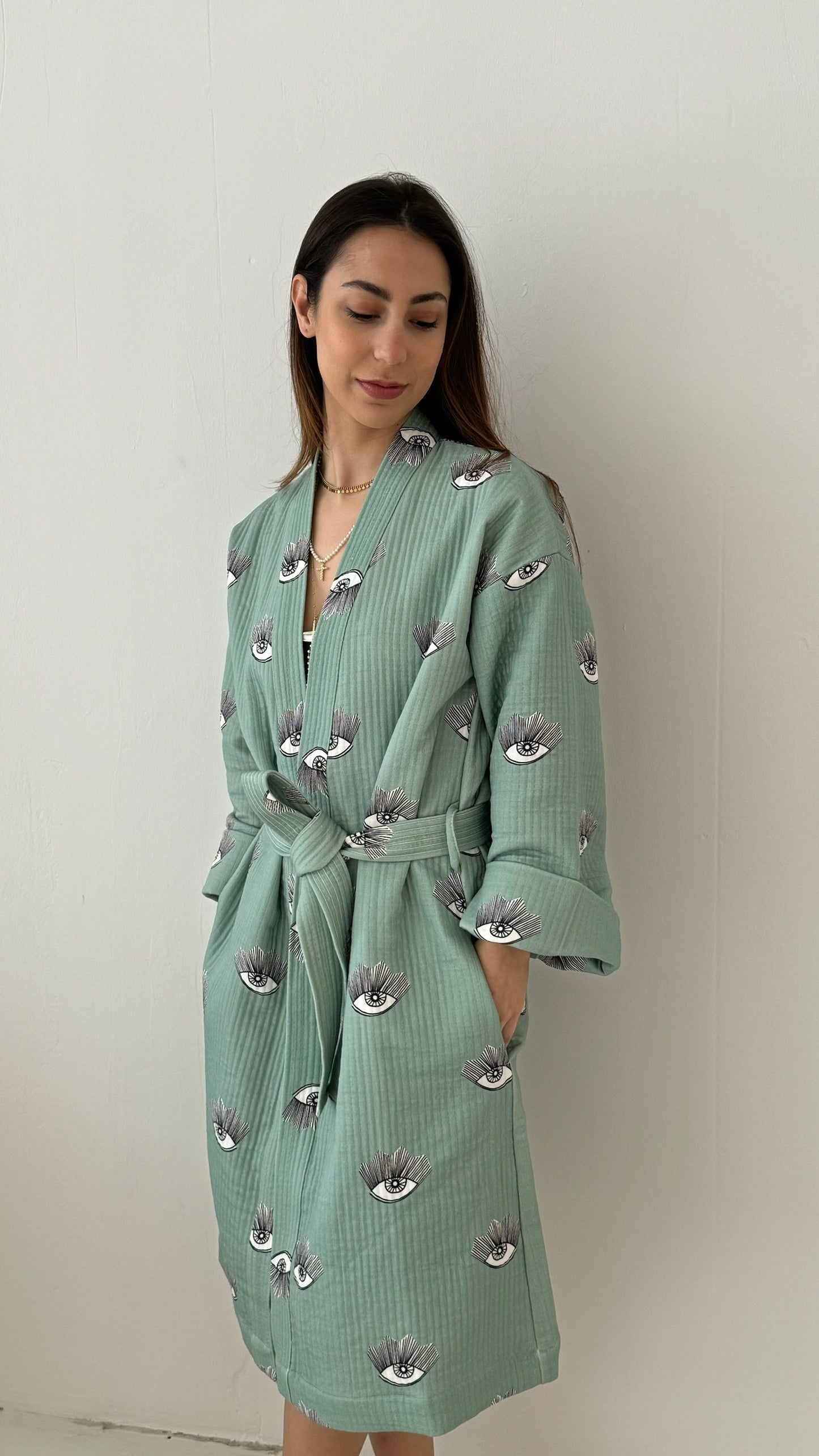 Evil Eye Kimono - Evil Eye Kimono - 100% cotton with evil eye pattern, can be used as a bath or home robe but also as a jacket to wear outside