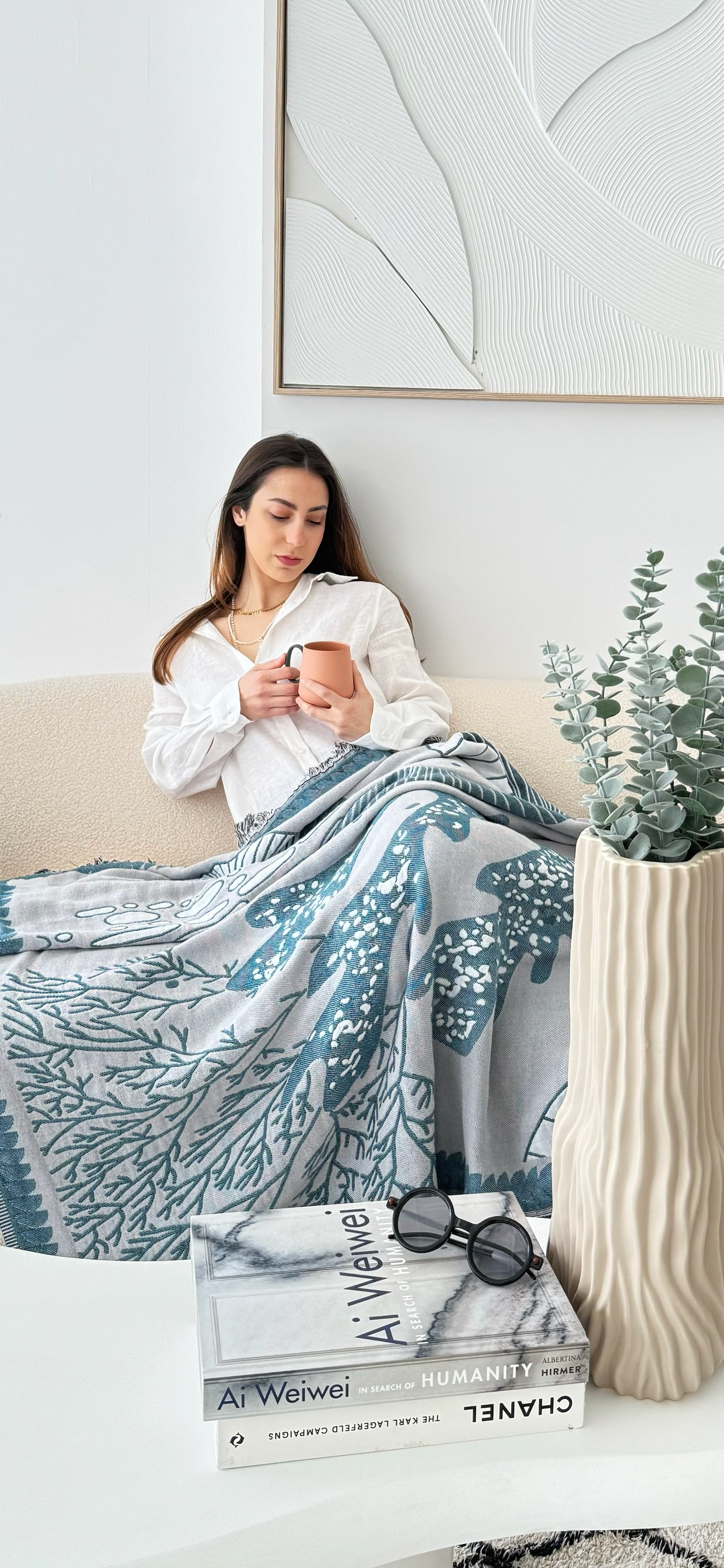 Blue Coral Throw - 100%cotton, jaquard couch throw in grey and blue tones with different tones on each side