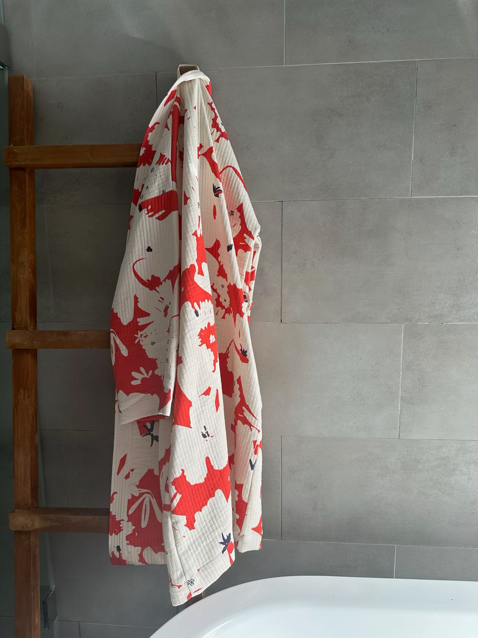Sakura Kimono - 100% cotton with contemporary pattern in sakura red and off white, can be used as a bath or home robe but also as a jacket