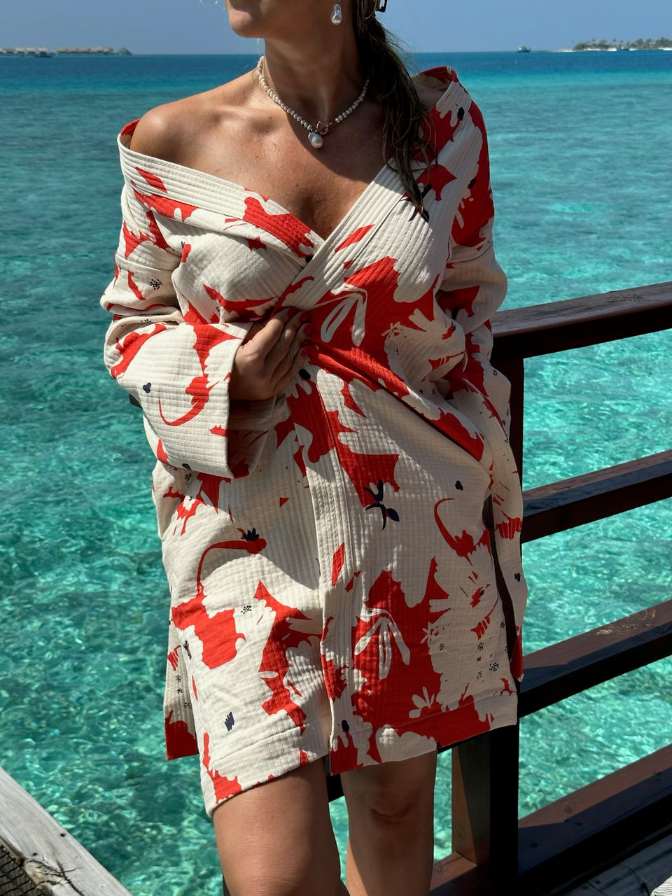 Sakura Kimono - 100% cotton with contemporary pattern in sakura red and off white, can be used as a bath or home robe but also as a jacket
