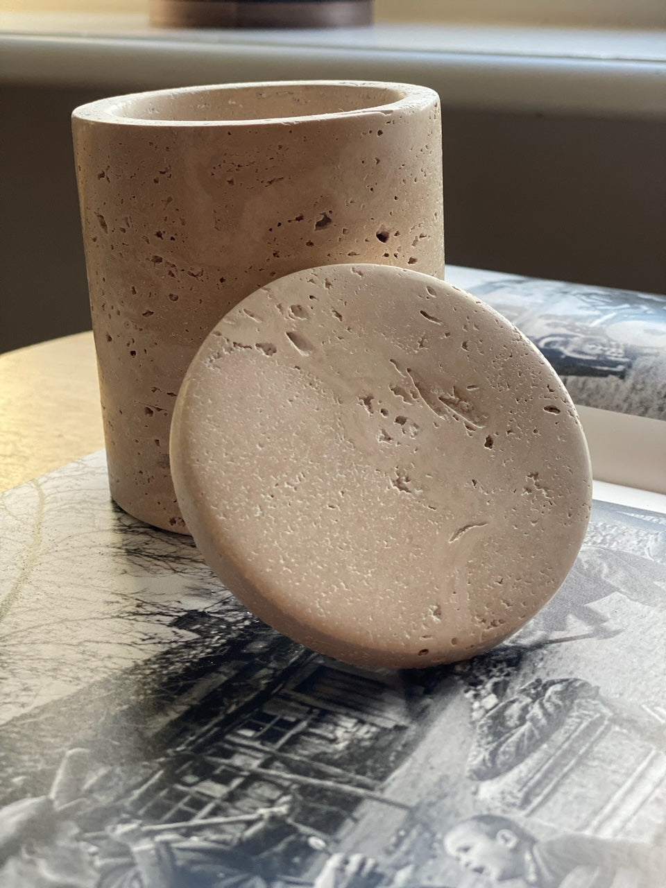 Roy Travertine Cup with Lid