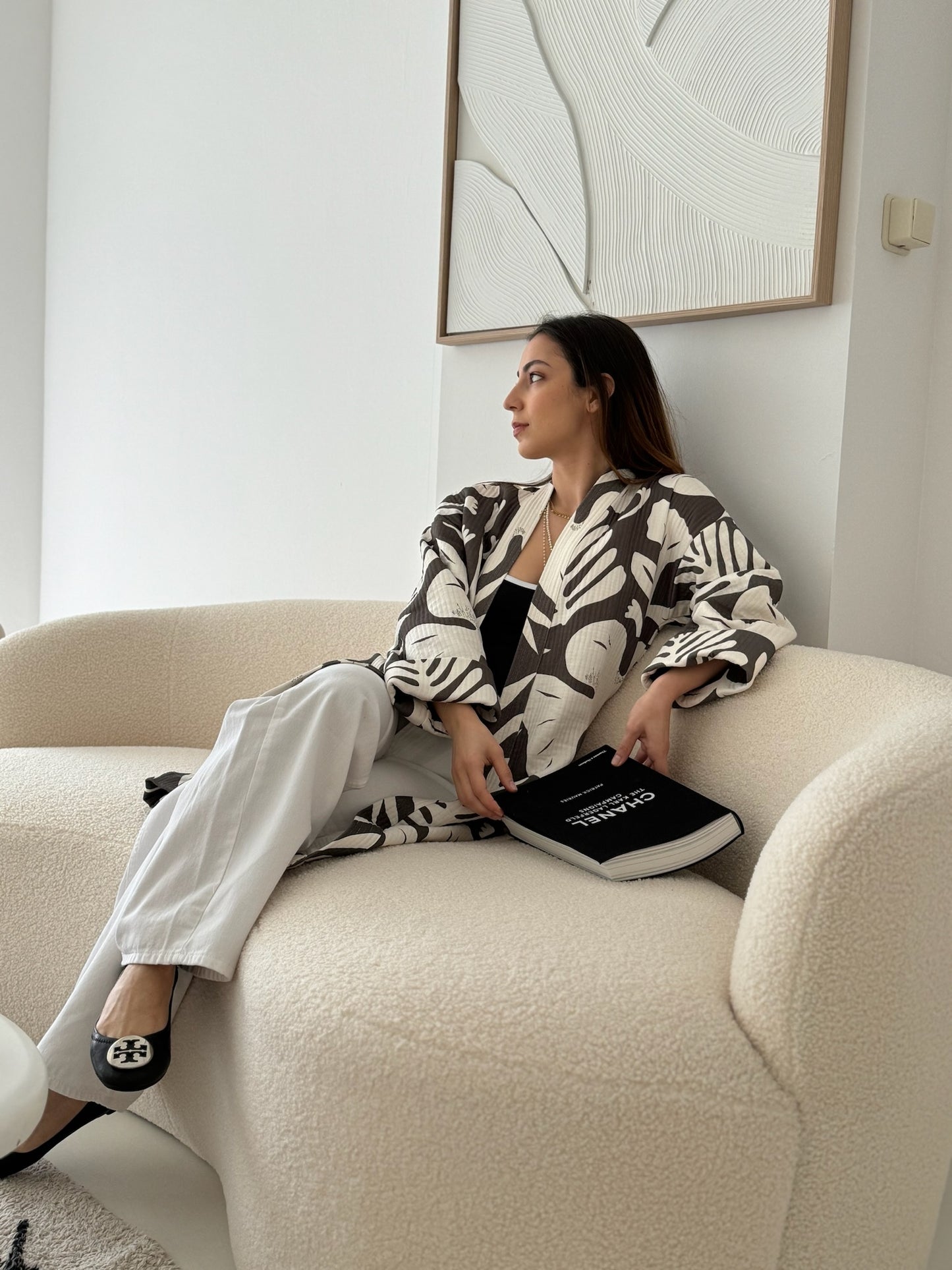 Black and white kimono - 100% cotton with contemporary pattern in faded black and offwhite tones, can be used as a bath or home robe or as a jacket