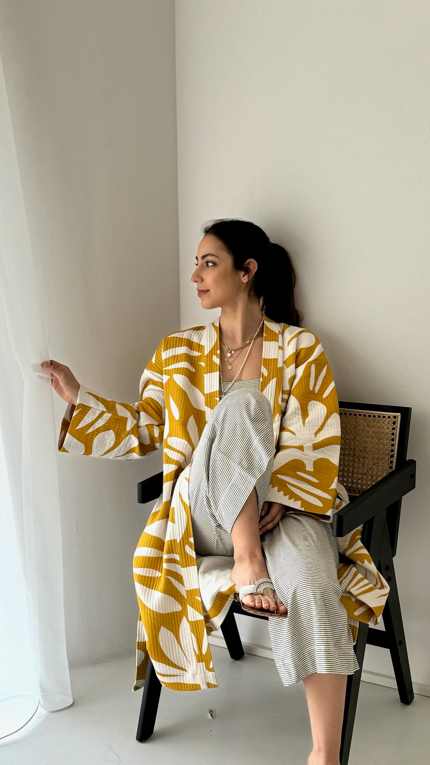 Yellow and white kimono - 100% cotton with contemporary pattern in warm yellow and off white, can be used as a bathrobe, homerobe or jacket