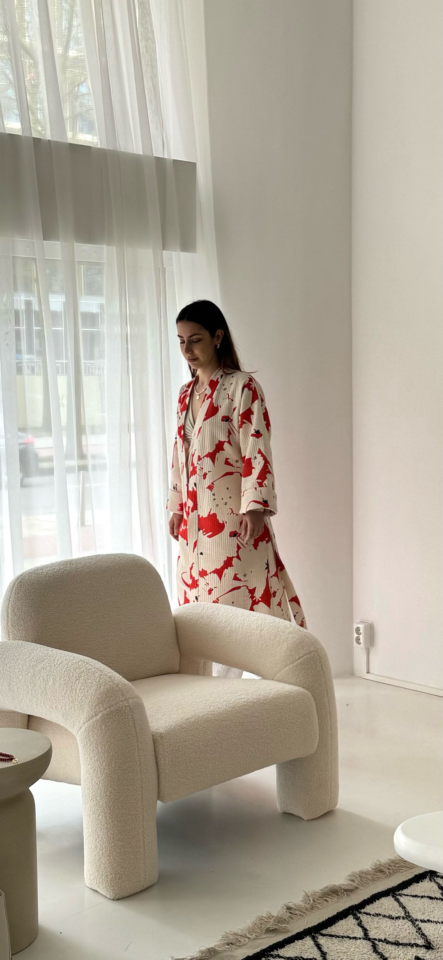 Sakura Kimono - 100% cotton with contemporary pattern in sakura red and off white, can be used as a bath or home robe but also as a jacket