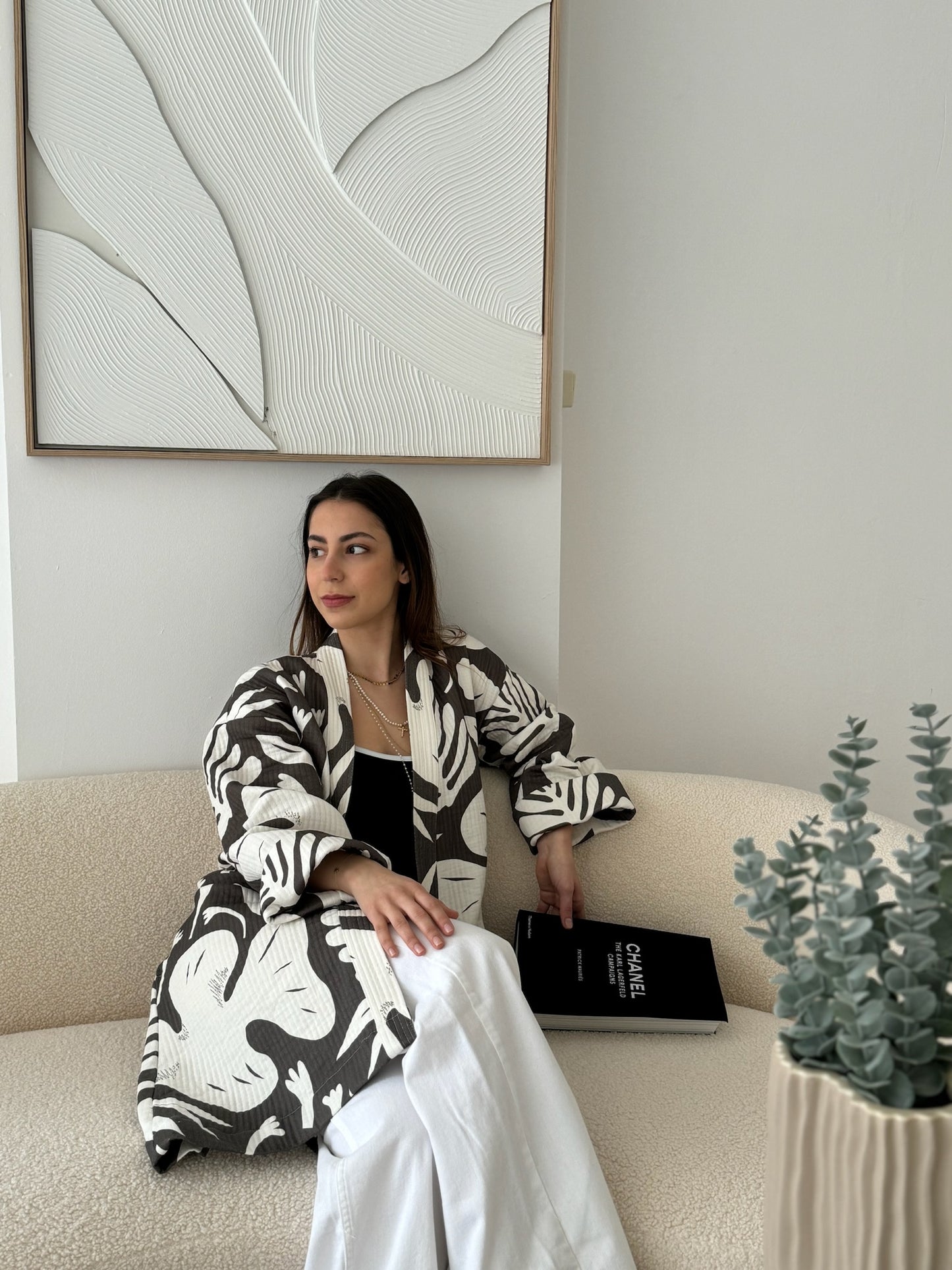 Black and white kimono - 100% cotton with contemporary pattern in faded black and offwhite tones, can be used as a bath or home robe or as a jacket