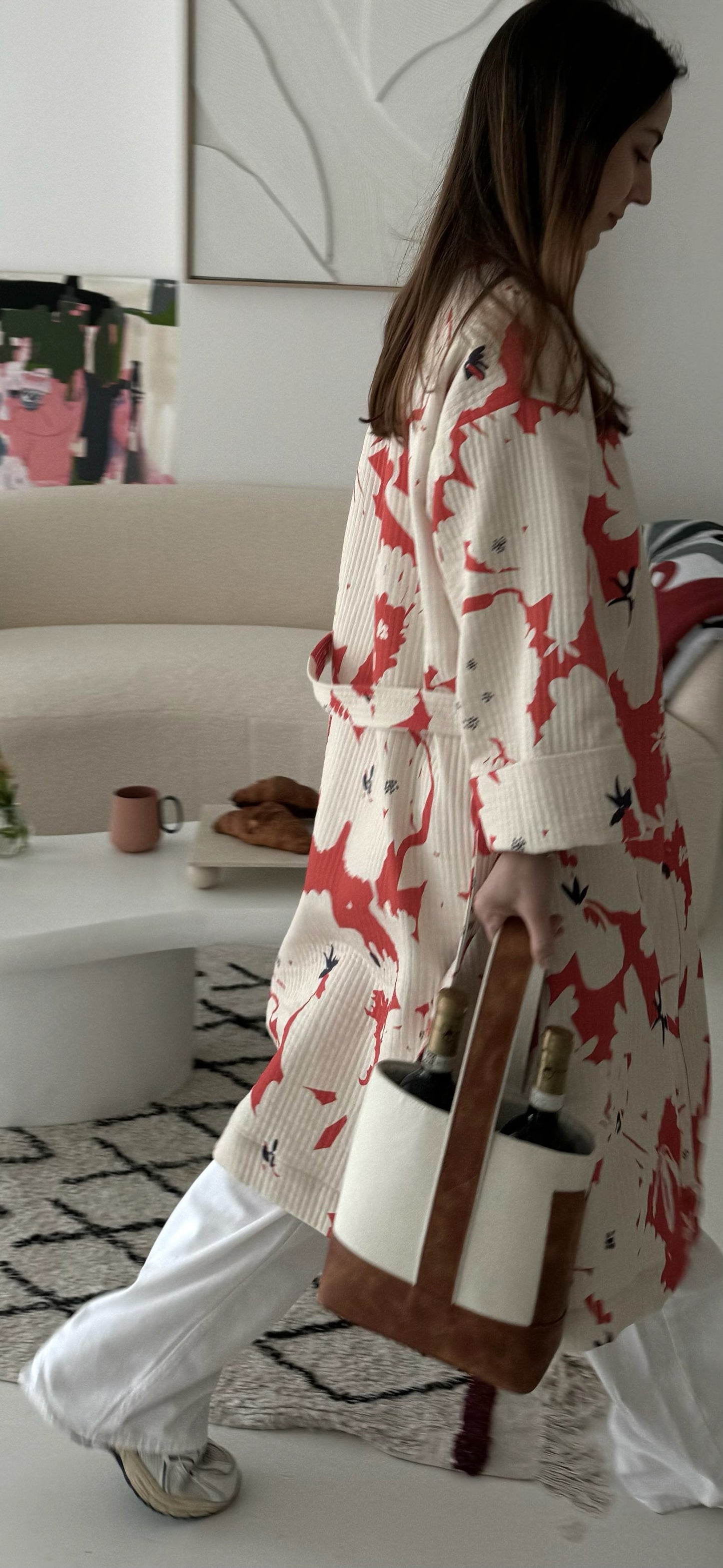 Sakura Kimono - 100% cotton with contemporary pattern in sakura red and off white, can be used as a bath or home robe but also as a jacket